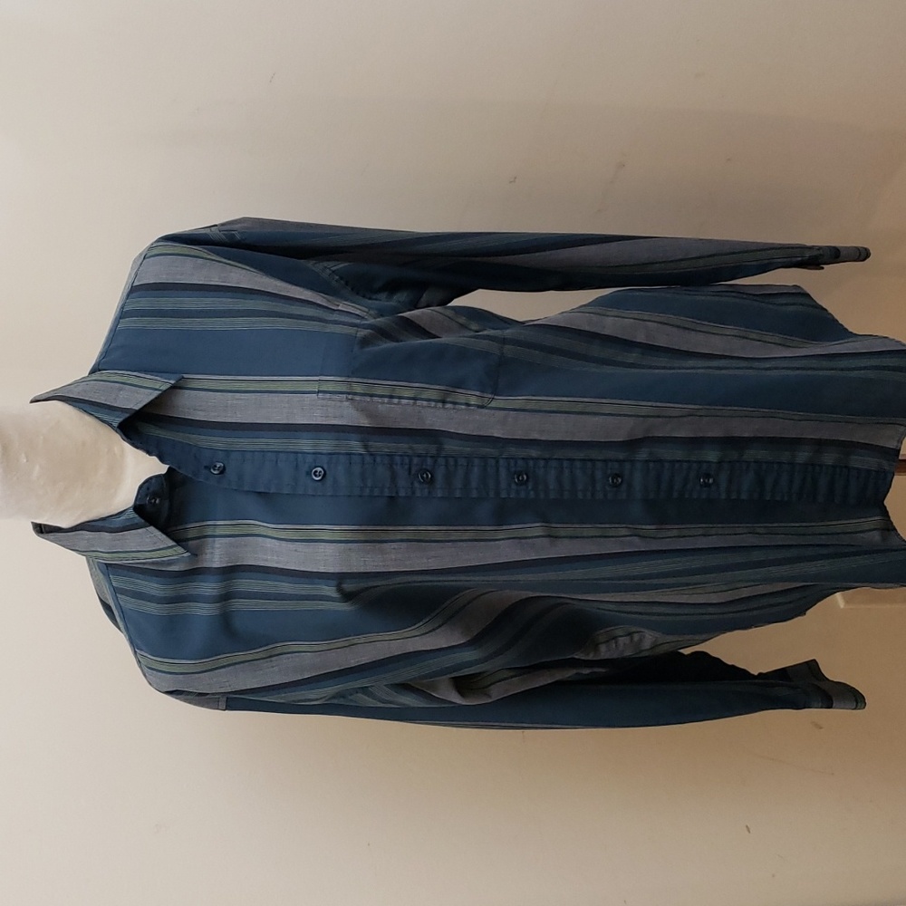 Puritan Green, Black, Gray Striped Long Sleeve Button Down Men's Shirt, Size Med